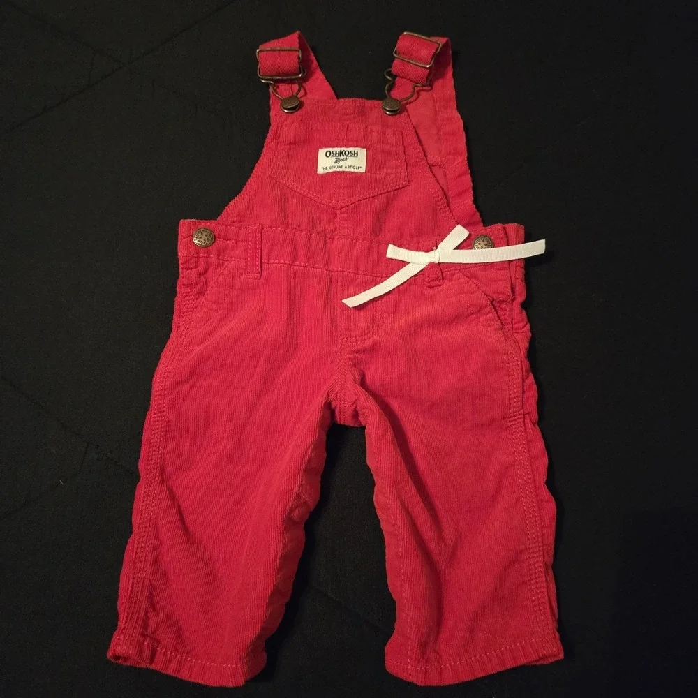 OshKosh B'gosh Overalls Girls 0-3 Months Red Corduroy 100% Cotton Ribbon Bow